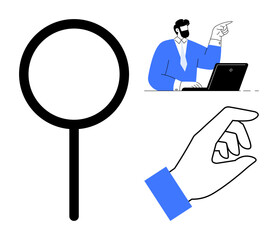 Magnifying glass, man pointing while using a laptop, and hand making gesture. Ideal for search, decision-making, analysis, focus, exploration business choices guidance. Clean simple flat metaphor