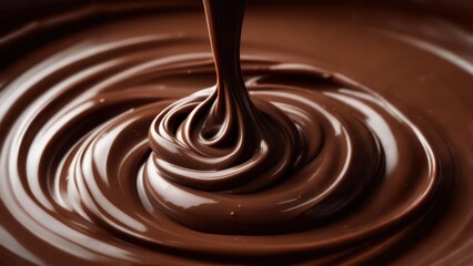 Glossy Dark Chocolate Pouring, Forming Rich, Tempting Swirls and Ripples