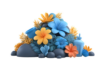 Stylized composition with vibrant flowers, textured leaves, and smooth pebbles on transparent background