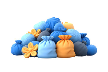 3D render of piled fabric bags with flowers on a clean transparent background