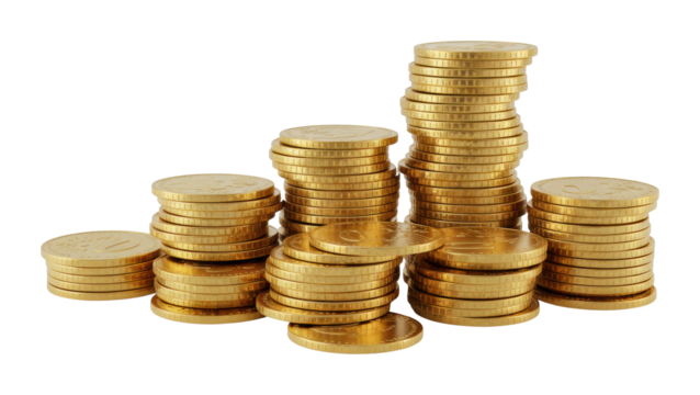 Investment opportunities stacks of gold coins financial market digital studio setting wealth concept isolated PNG