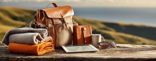 The travel backpack and accessories set against a breathtaking outdoor landscape.