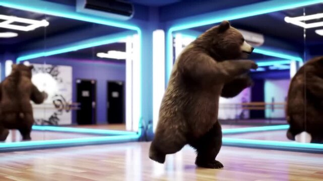 8-second 3D bear dancing hip hop in a stylish indoor dance studio with mirrors, realistic animation,