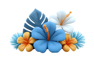 Vibrant 3D rendering of tropical flowers, leaves, and hibiscus on a transparent background
