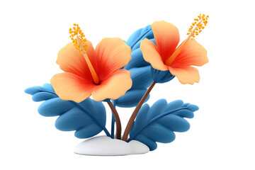 Elegant 3D rendering of two hibiscus flowers with orange petals and blue leaves