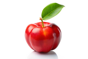 Vibrant red apple with a fresh green leaf on a black background