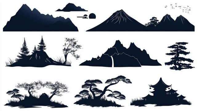 Ink wash painting features mountain silhouettes, trees, and various design elements