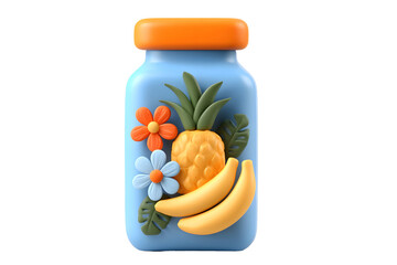 3D illustration of a jar with tropical fruit decorations on a transparent backdrop