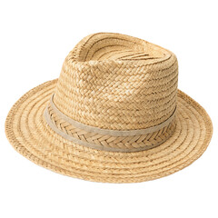 A floppy handwoven natural straw beach hat isolated on a transparent background png