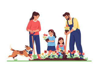 Family Gardening Together: Illustrative representation of a family engaged in a gardening activity, each member joyfully contributing to the cultivation of flowers in their garden.