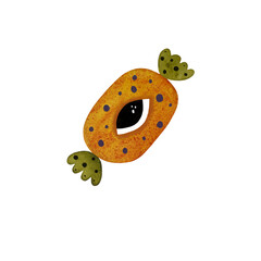 Watercolor monster candy. Orange and green candy with a single eye on white.