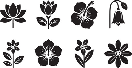 Black floral icons lotus hibiscus