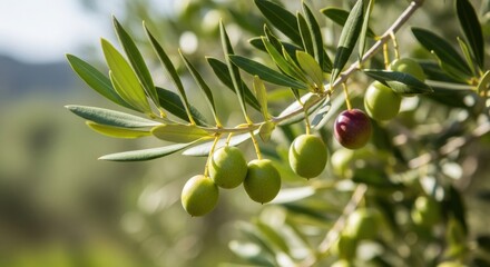 Fototapeta premium Close-up of a sunlit olive branch with green olives and one beginning to ripen to a red-purple color in a beautiful, natural orchard setting.