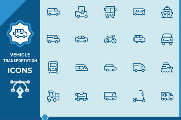 Vehicle transportation line icons set.Pixel perfect. scooter, bicycle, bus, tram, subway, taxi, etc. Editable stroke. Vector illustration