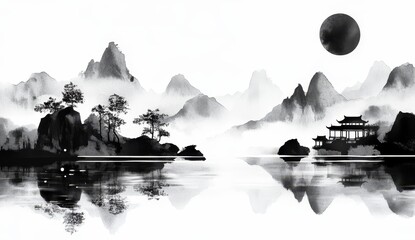 Traditional Chinese artwork showcases a peaceful landscape featuring pagodas and mountains