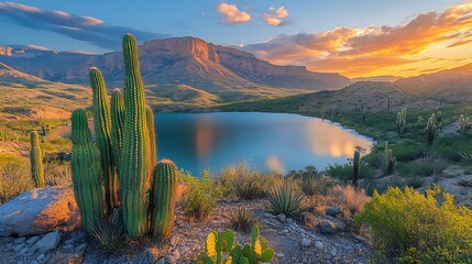 Desert landscape sunset over lake with cacti