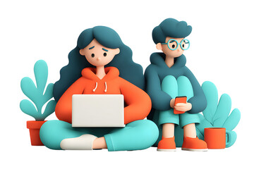 3D cartoon characters relaxing at home with devices on a transparent background