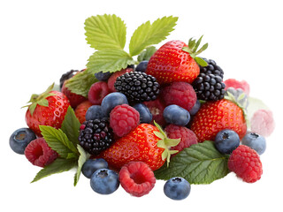 Obraz premium Berries bunch with strawberries, blueberries and blackberries on transparent background, fresh green leaves and vibrant colors in a natural food
