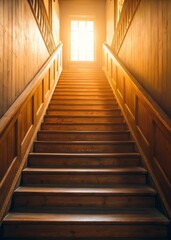 Fototapeta premium Warm golden sunlight shines through a large window at the top of an old wooden staircase, creating a dramatic play of light and shadow in the vintage hallway