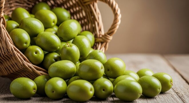 An abundance of fresh green olives spilling from a tipped-over wicker basket onto a rustic wood surface, evoking a fresh harvest. - Powered by Adobe
