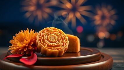 Delicate mooncake with floral imprint on lacquered tray, steam rising beside chrysanthemum petals in twilight.