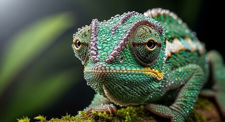Fototapeta premium Colorful Chameleon Portrait with Water Droplets on Scales A Close Up Look at Nature's Beauty