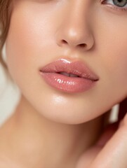 Obraz premium Close-up portrait of a woman with eyes closed highlighting glossy lip makeup and a graceful mood 