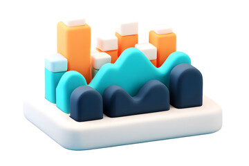 Abstract 3D render of stylized mountains and city skyline against transparent background