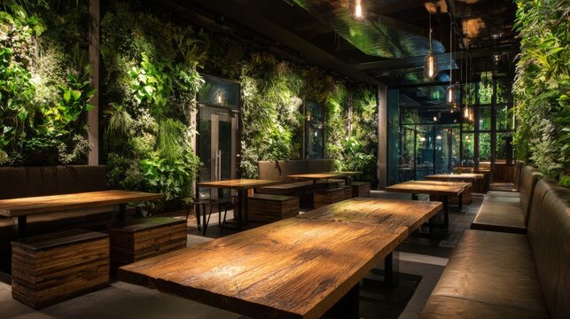 Modern Biophilic Restaurant with Vertical Garden Walls Featuring Natural Greenery and Rustic Wooden Furniture
