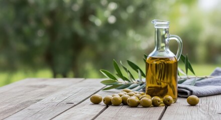 A glass pitcher of fresh olive oil and green olives on a rustic wooden table with a beautiful green garden bokeh background.