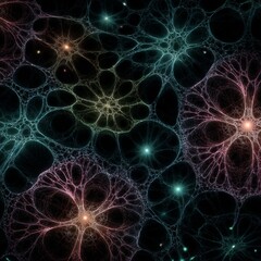 Abstract Biotech Pattern Displaying Glowing Cellular Structures with Fractal Designs in Vibrant Colors