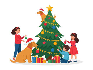 Christmas Decorations: A family and two dogs decorate a Christmas tree. A joyous scene with kids and festive holiday spirit.