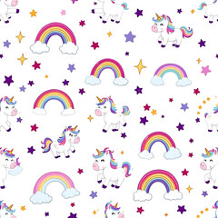 Whimsical Unicorn and Rainbow Seamless Pattern with Magical Stars for Kids Nursery Wallpaper and Baby Fabric Print