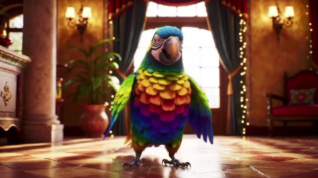 8-second funny parrot dancing salsa in a decorated indoor room, colorful feathers, cheerful atmosphere