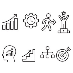 Growth, efficiency, moving forward, success, development, increasing the level of organization, 
productivity. Progress line icon set.
