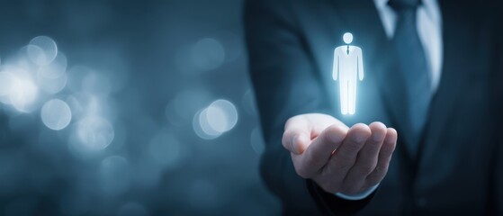 The businessman presenting a holographic figure in his palm for innovative solutions.