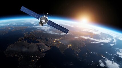 Satellite Orbiting Earth at Sunrise Space Exploration - Powered by Adobe