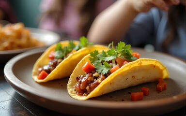 appetizing tacos with friends in blurred background, epitomizing social gatherings and culinary delights. High quality