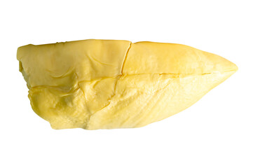 Yellow pulp of ripe durian fruit in stack without peel isolated on white background with clipping path