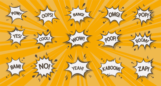 Comic speech bubles set. Speech bubles in comic pop art halftone style with text.