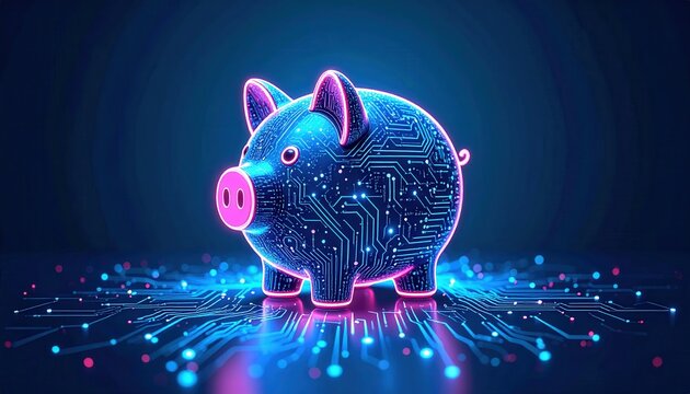Digital Piggy Bank: A striking digital illustration of a piggy bank, brought to life with circuit patterns and neon lights. Representing smart savings, it symbolizes the future of finance