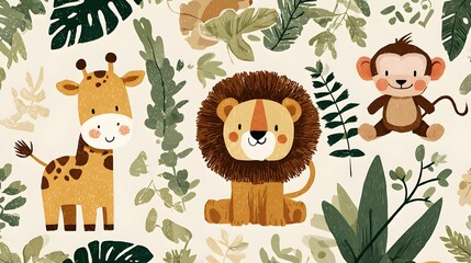 Obraz premium Seamless pattern of playful jungle animals like lion, giraffe, and monkey for kids’ textiles. Concept : Children’s illustration, seamless patterns, playful animal characters, textile and wallpaper des