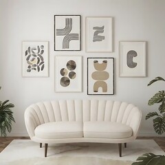 Curved loveseat sofa against white wall with frames. Scandinavian home interior design of modern living room.