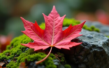 Red maple leaf resting on mossy rock in japan autumn scenery. High quality