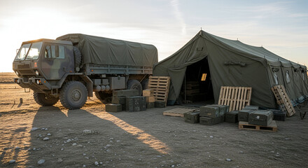 Military truck and tent setup with supplies in a desert environment during the day.
