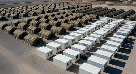Fototapeta premium Aerial view of a large temporary housing encampment composed of military-style tents and prefabricated containers.