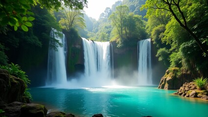 Three tall waterfalls in a lush green forest, with clear blue water below and sunlight filtering through the trees.