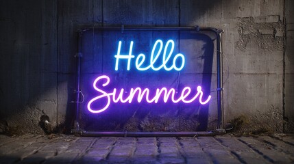 "Hello Summer" neon sign in script font with purple glow against concrete wall. Urban style, night scene, empty space for branding or message.