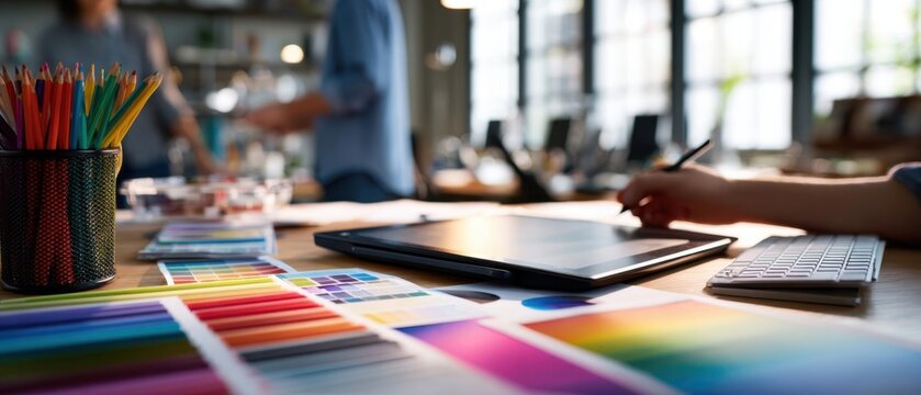 The dynamic workspace with colorful tools and digital tablet for creative projects