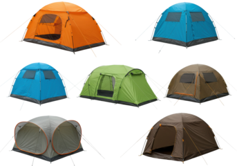 Camping adventures exploring tent varieties in nature's landscape outdoor environment unique viewpoints isolated PNG
